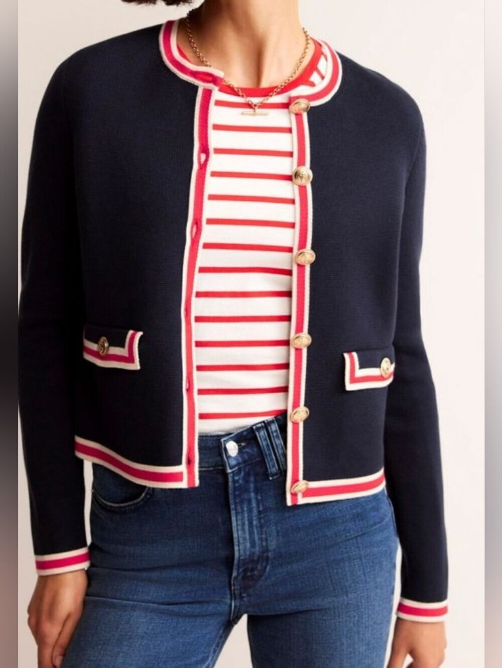 Boden Holly Knitted Navy Cropped Cardigan with Red & White Trim Size 8.